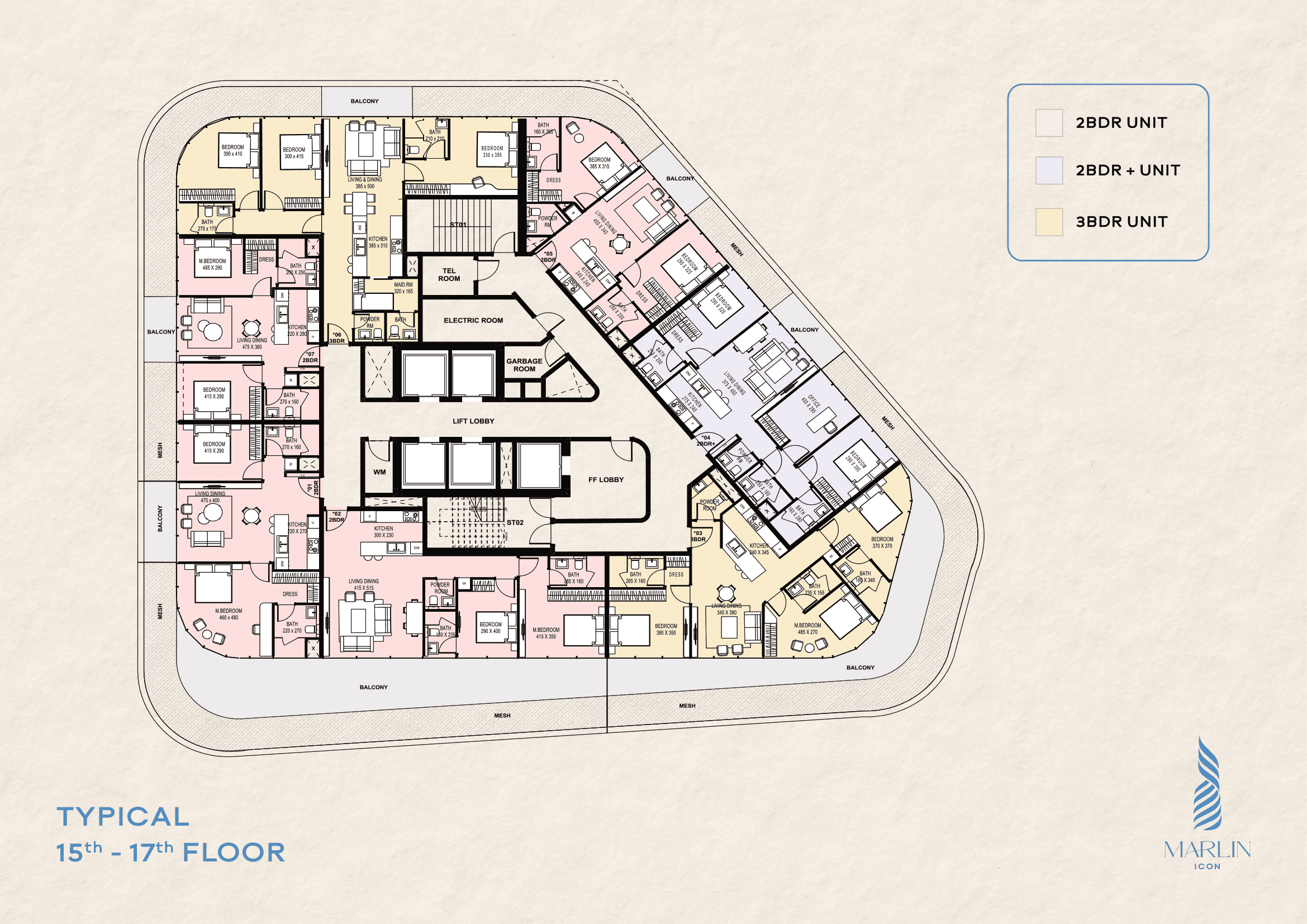 Upper Tiers Floor Plan (Floors 15 to 17)
